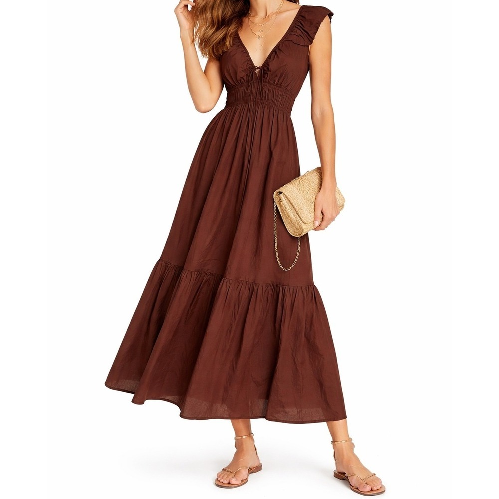 Faithfull The Brand Hedda Maxi Dress Cotton Smocked Tiered V-Neck Brown US 6 M